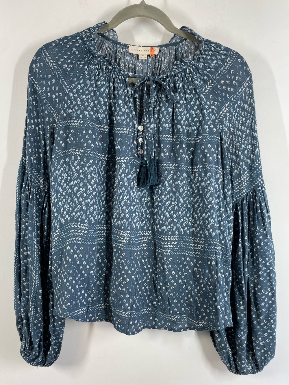 Lovestitch Blue White Boho Print Balloon Sleeve Blouse Medium Coastal Bohemian